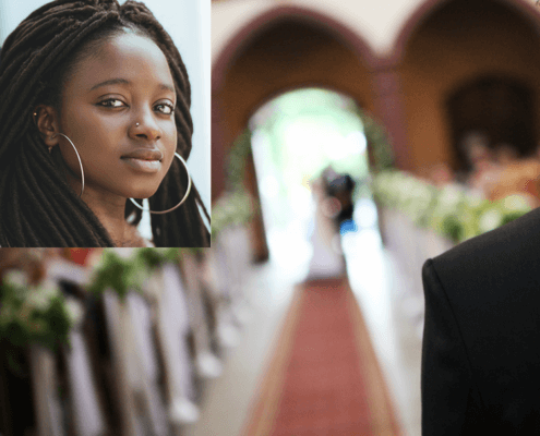 Bride walking down aisle toward groom inset closeup of bride's face - MarriageHeat