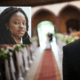 Bride walking down aisle toward groom inset closeup of bride's face - MarriageHeat