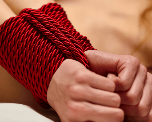 Woamn's hands bound at the wrist with red silk rope ~ MarriageHeat