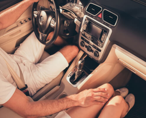 Husband caresses wife's leg while driving in car ~ MarriageHeat