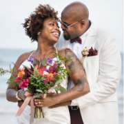 Beaming couple on their wedding day looking forward to the honeymoon ~ MarriageHeat