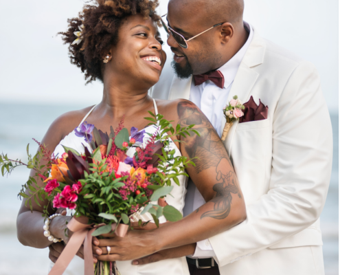 Beaming couple on their wedding day looking forward to the honeymoon ~ MarriageHeat