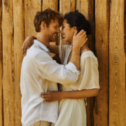 Weeding photo of Sheila and Garth in the barn ~ MarriageHeat